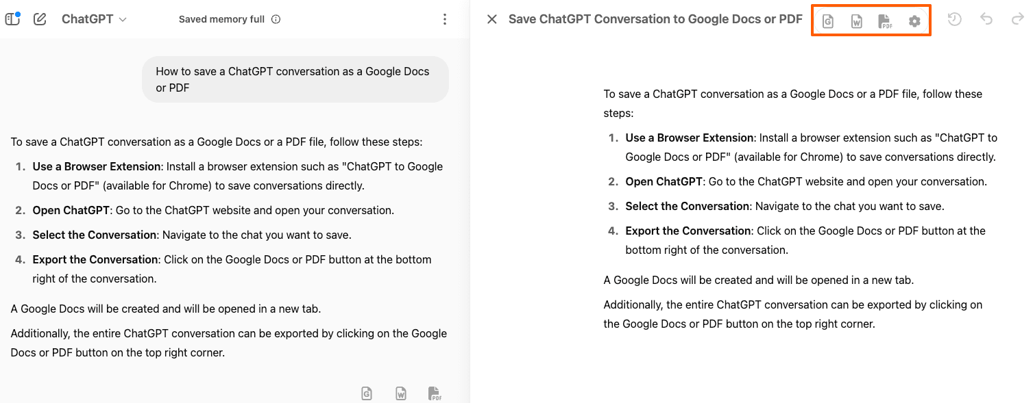 Screenshot showing Google Docs, Word and PDF buttons for canvas export