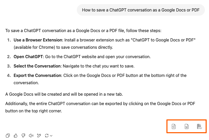 Screenshot showing export buttons at the bottom right corner of a ChatGPT response